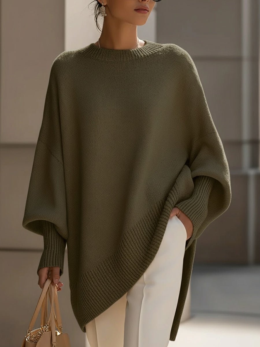 Jennifer | Women's Oversized Round-Neck Sweater with Asymmetrical Hem