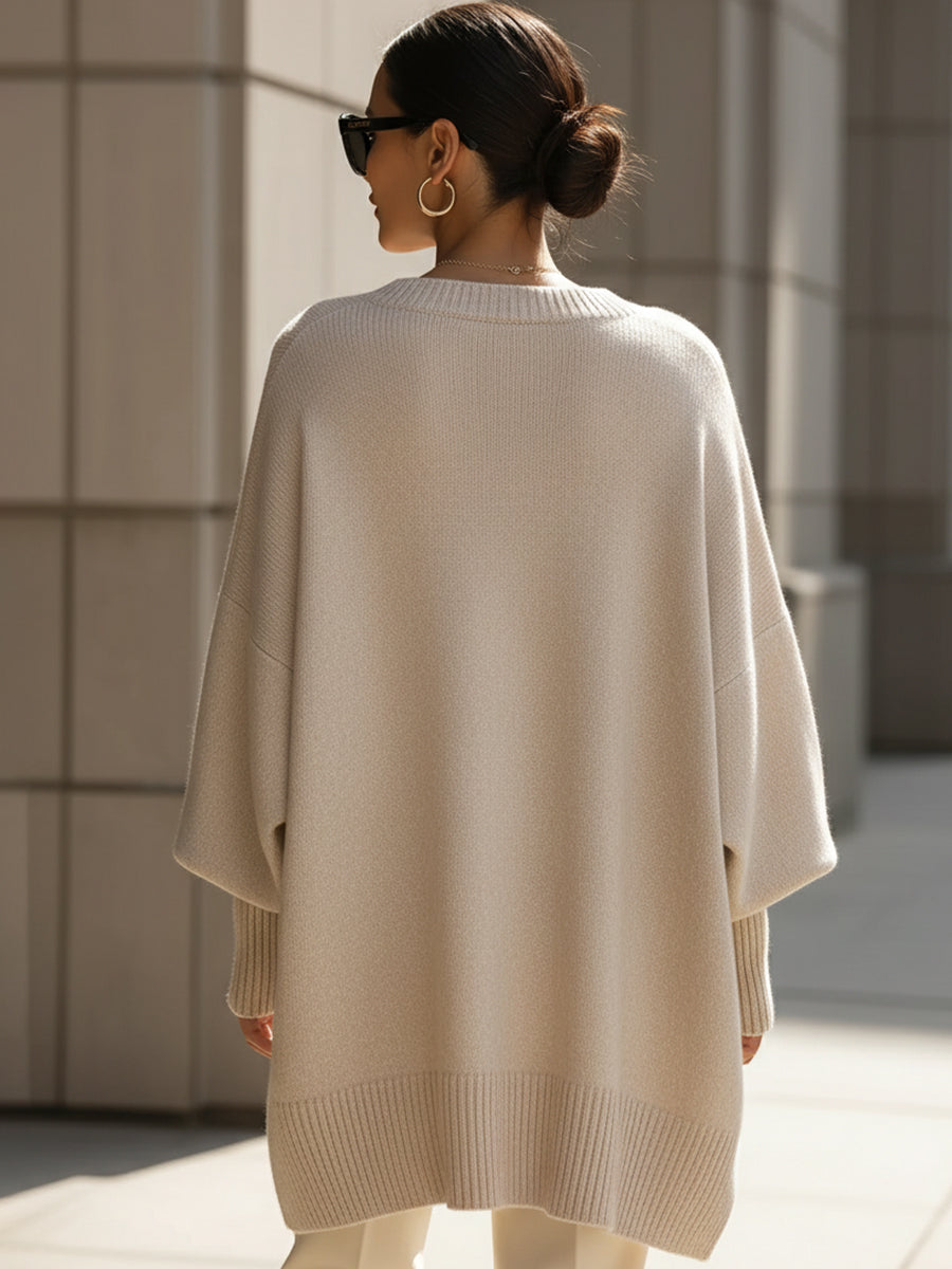Jennifer | Women's Oversized Round-Neck Sweater with Asymmetrical Hem