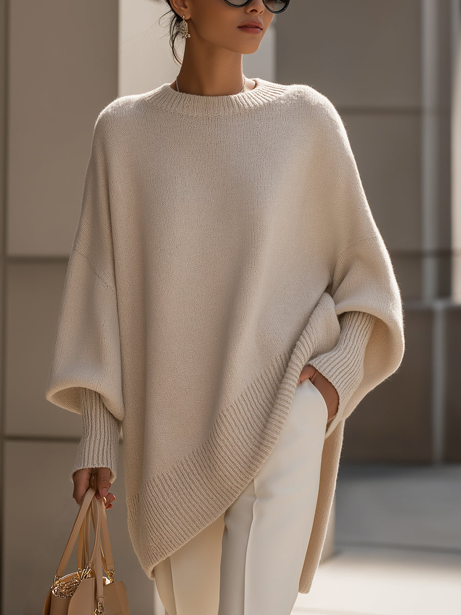 Jennifer | Women's Oversized Round-Neck Sweater with Asymmetrical Hem