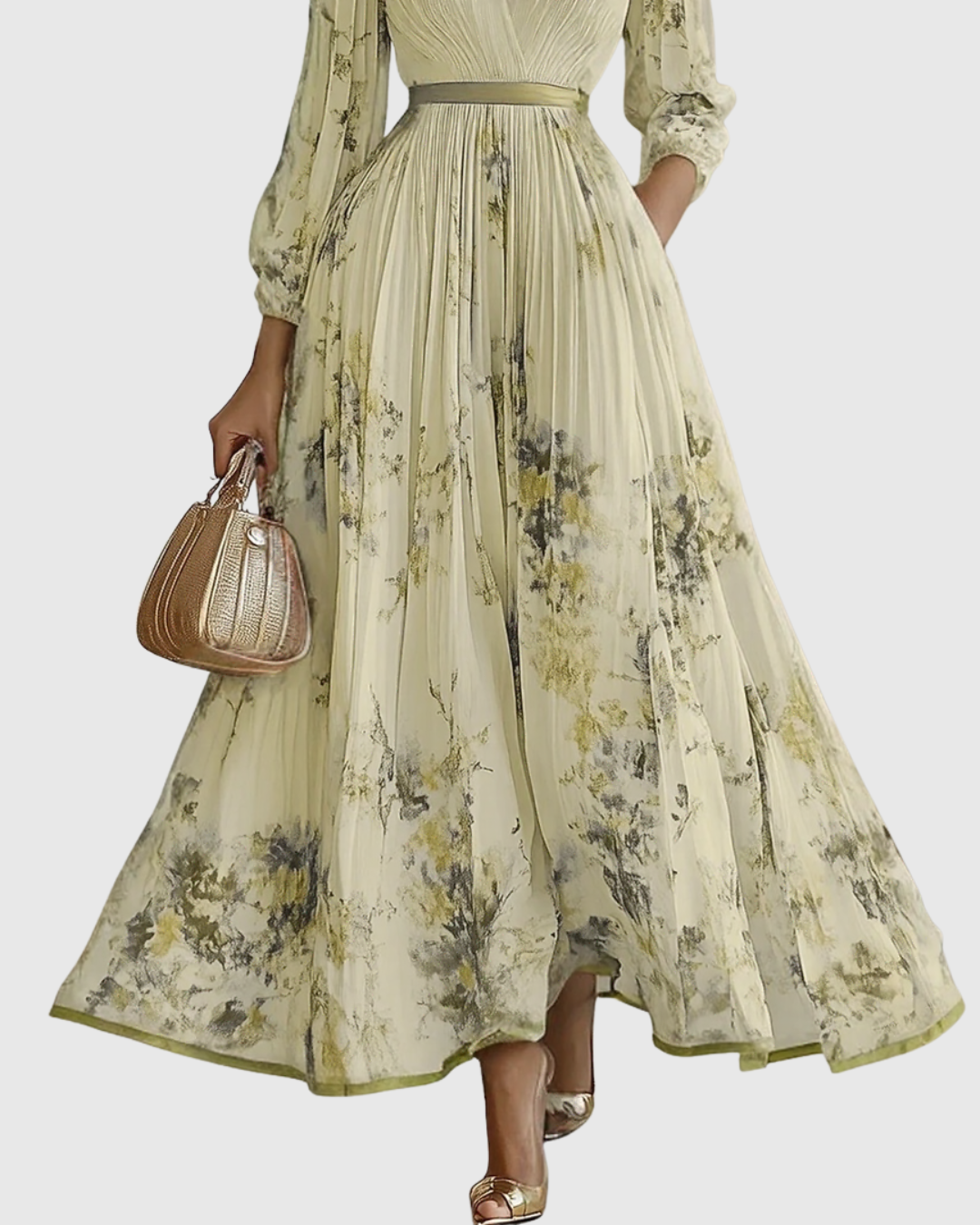 Rowella | Women's V-Neck Long-Sleeve Pleated Floral Maxi Dress with Ribbon Tie Waist