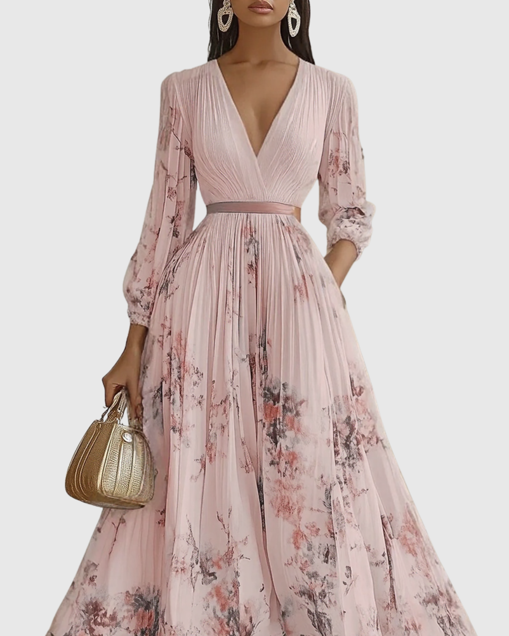 Rowella | Women's V-Neck Long-Sleeve Pleated Floral Maxi Dress with Ribbon Tie Waist