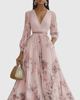Rowella | Women's V-Neck Long-Sleeve Pleated Floral Maxi Dress with Ribbon Tie Waist