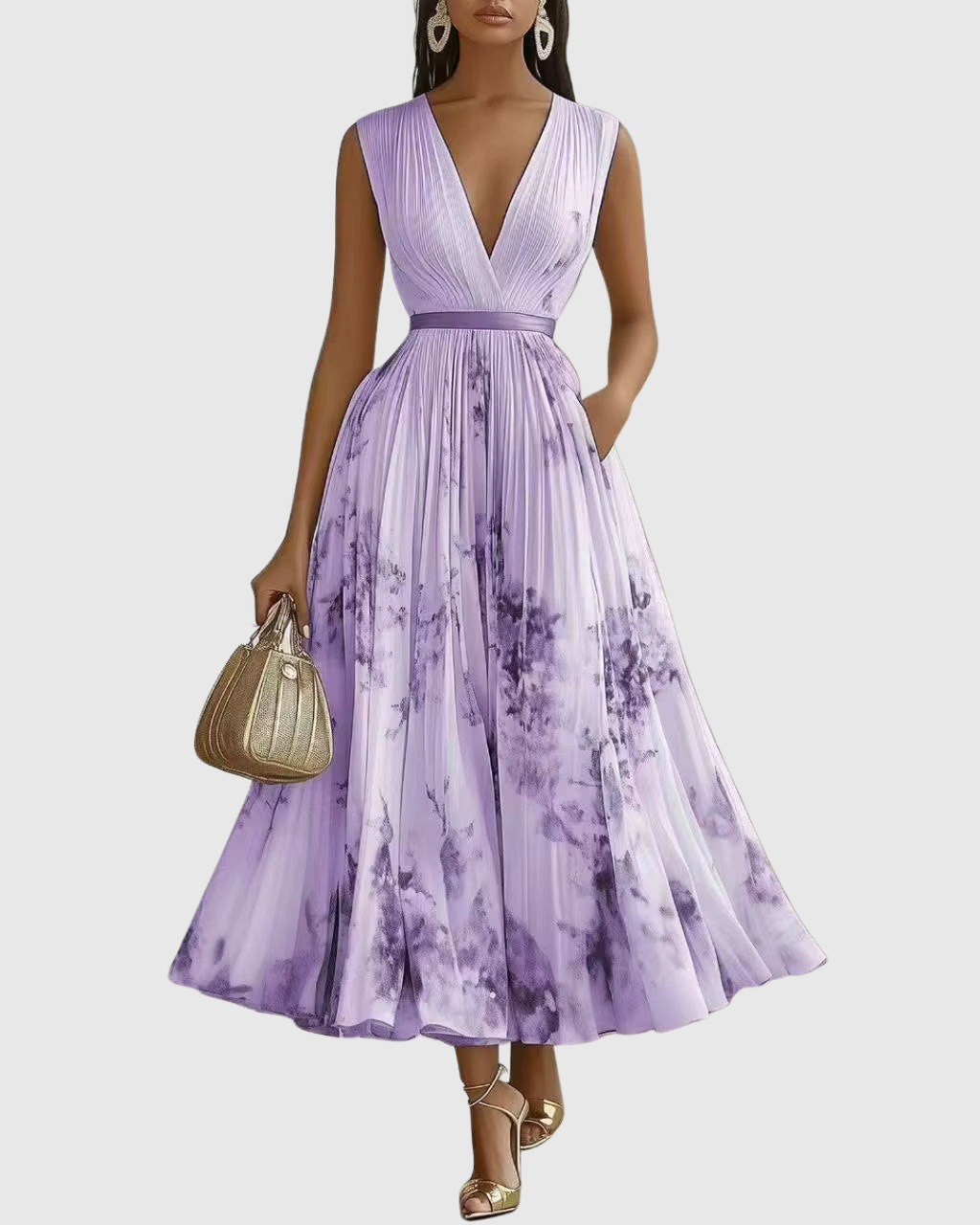 Rowella | Women's V-Neck Long-Sleeve Pleated Floral Maxi Dress with Ribbon Tie Waist