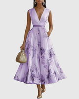 Rowella | Women's V-Neck Long-Sleeve Pleated Floral Maxi Dress with Ribbon Tie Waist