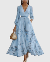 Rowella | Women's V-Neck Long-Sleeve Pleated Floral Maxi Dress with Ribbon Tie Waist