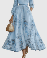 Rowella | Women's V-Neck Long-Sleeve Pleated Floral Maxi Dress with Ribbon Tie Waist