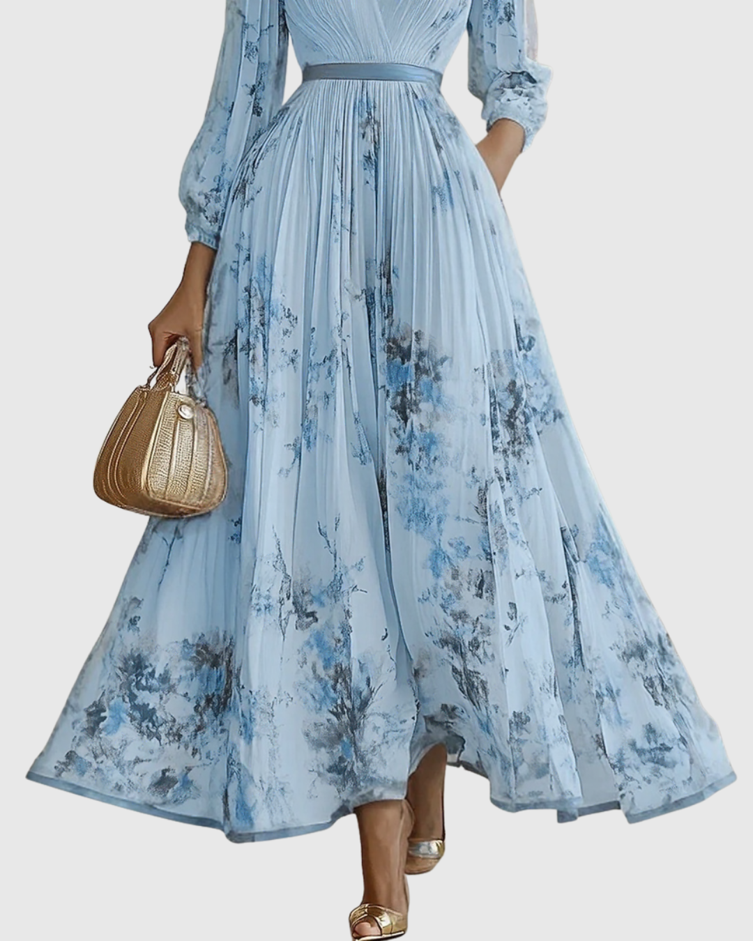 Rowella | Women's V-Neck Long-Sleeve Pleated Floral Maxi Dress with Ribbon Tie Waist